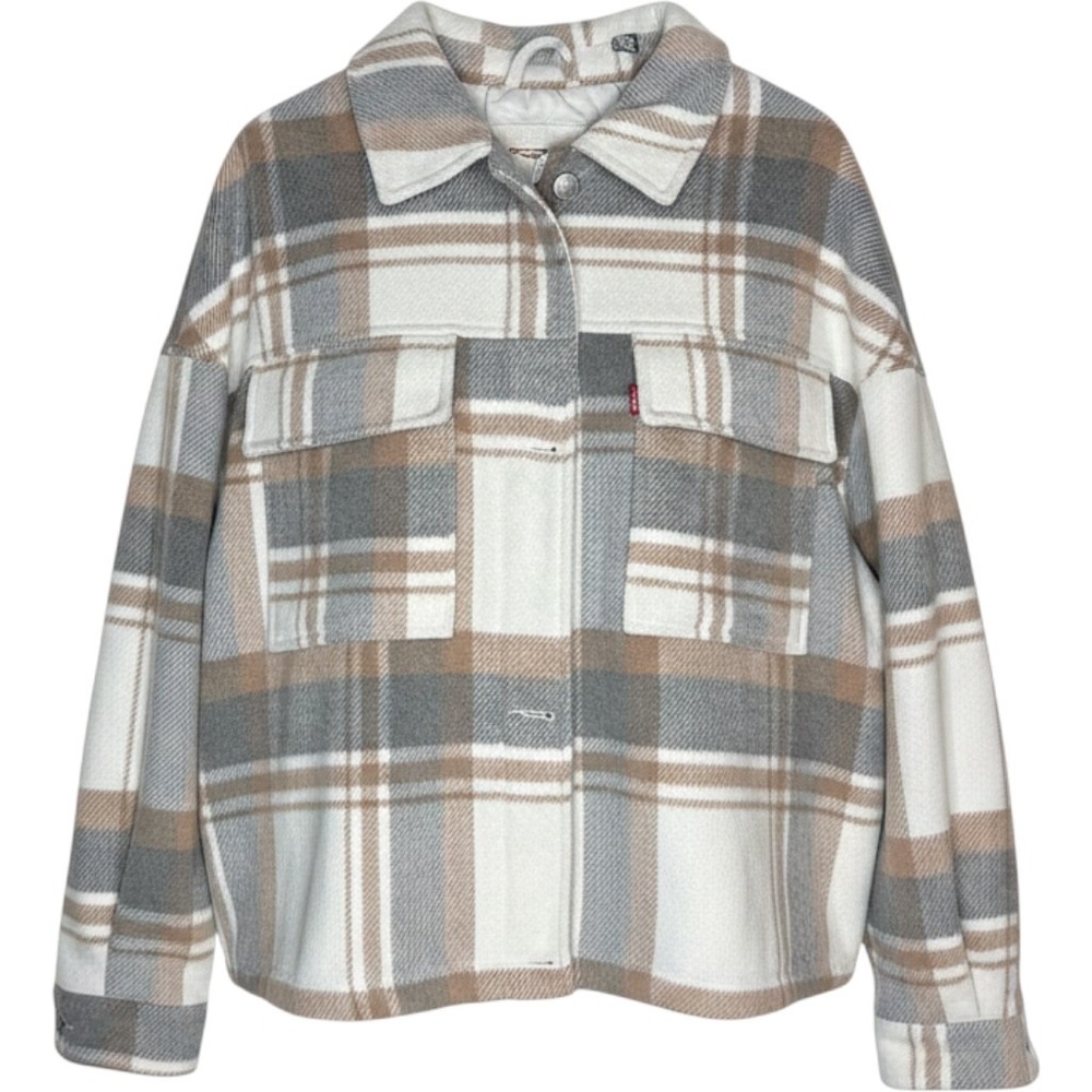 Levis Plaid Quilted Lined Jacket Tan Grey Cream Womens Large